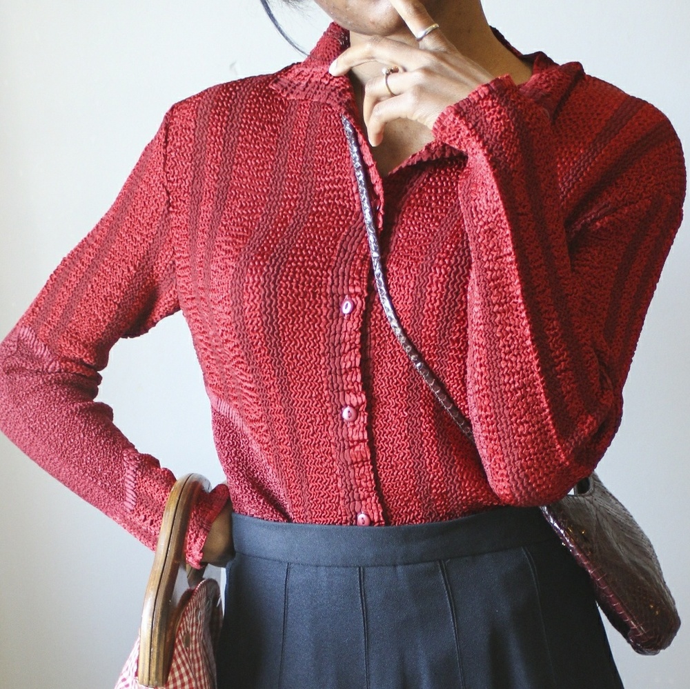 Vintage Red Long Sleeve Textured Shirt Top Blouse